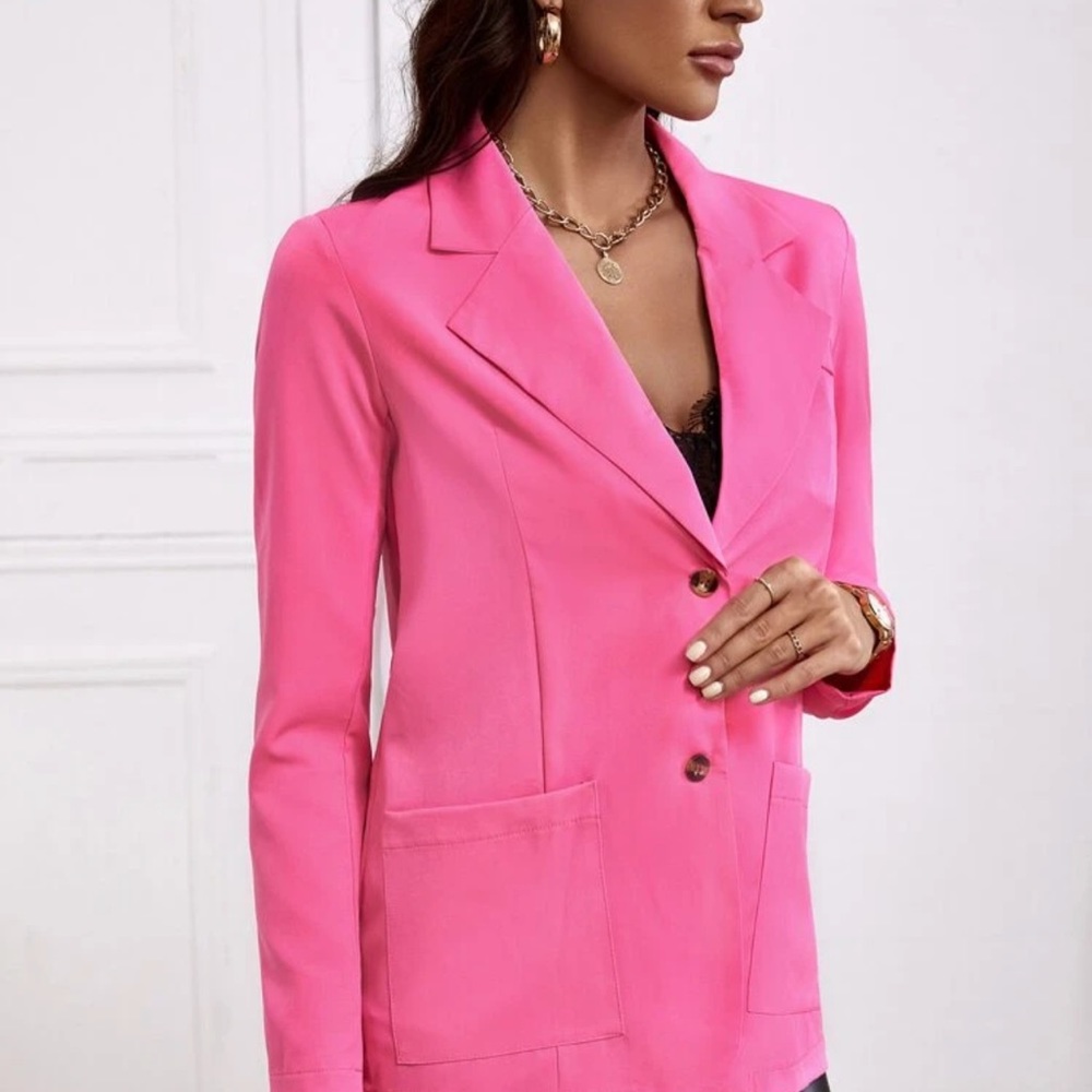 Plaid lapel collar blazer jacket hot pink neon - Picture 3 of 3